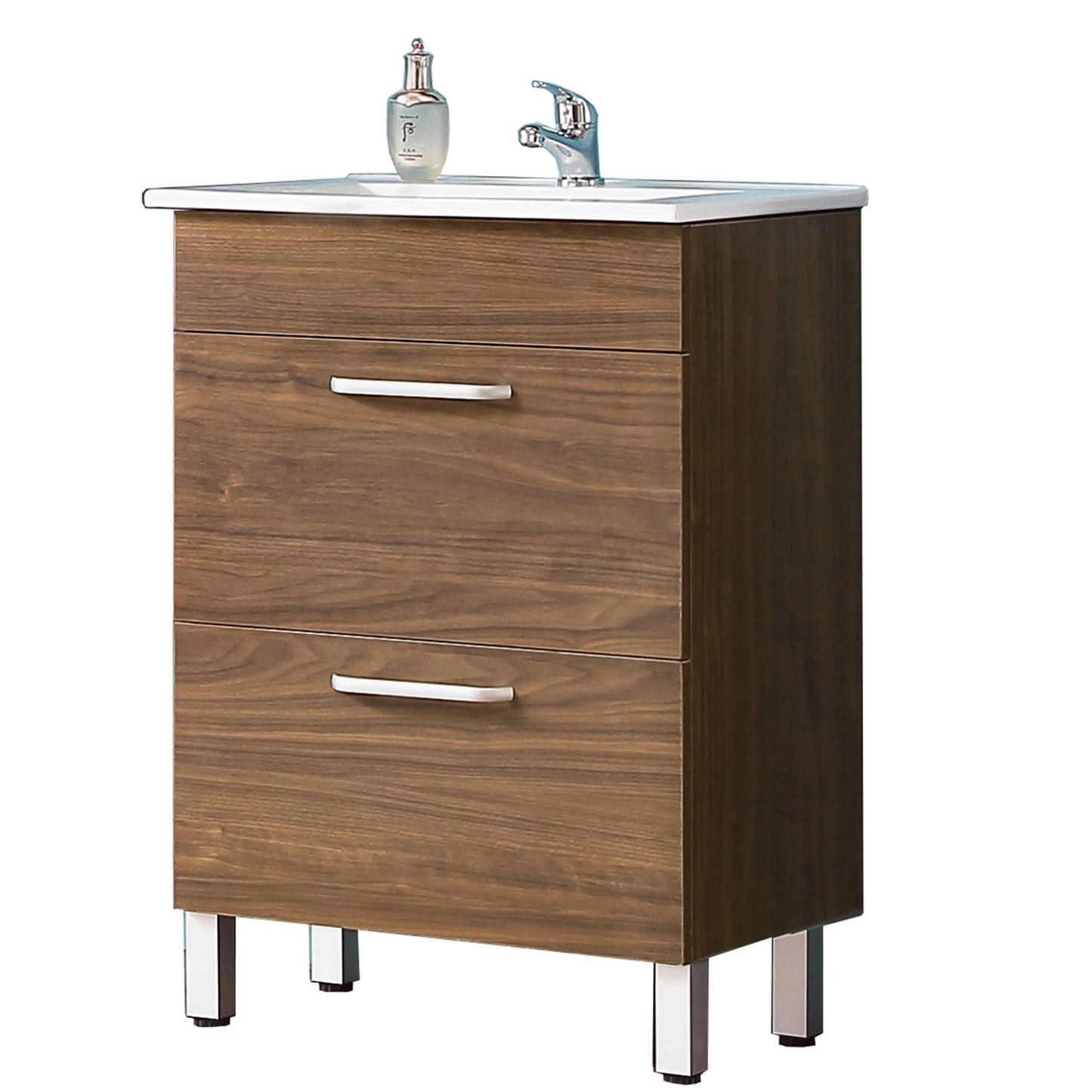 Mobile bagno Aica 60cm salva spazio, con lavabo in ceramica e 2 cassetti, con piedini in metallo Noce