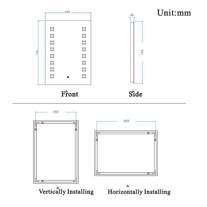 Aica 50X70cm Specchio Quadrato per Bagno Specchio Cosmetico per Interruttore Touch Control Anti-appannamento Bagno