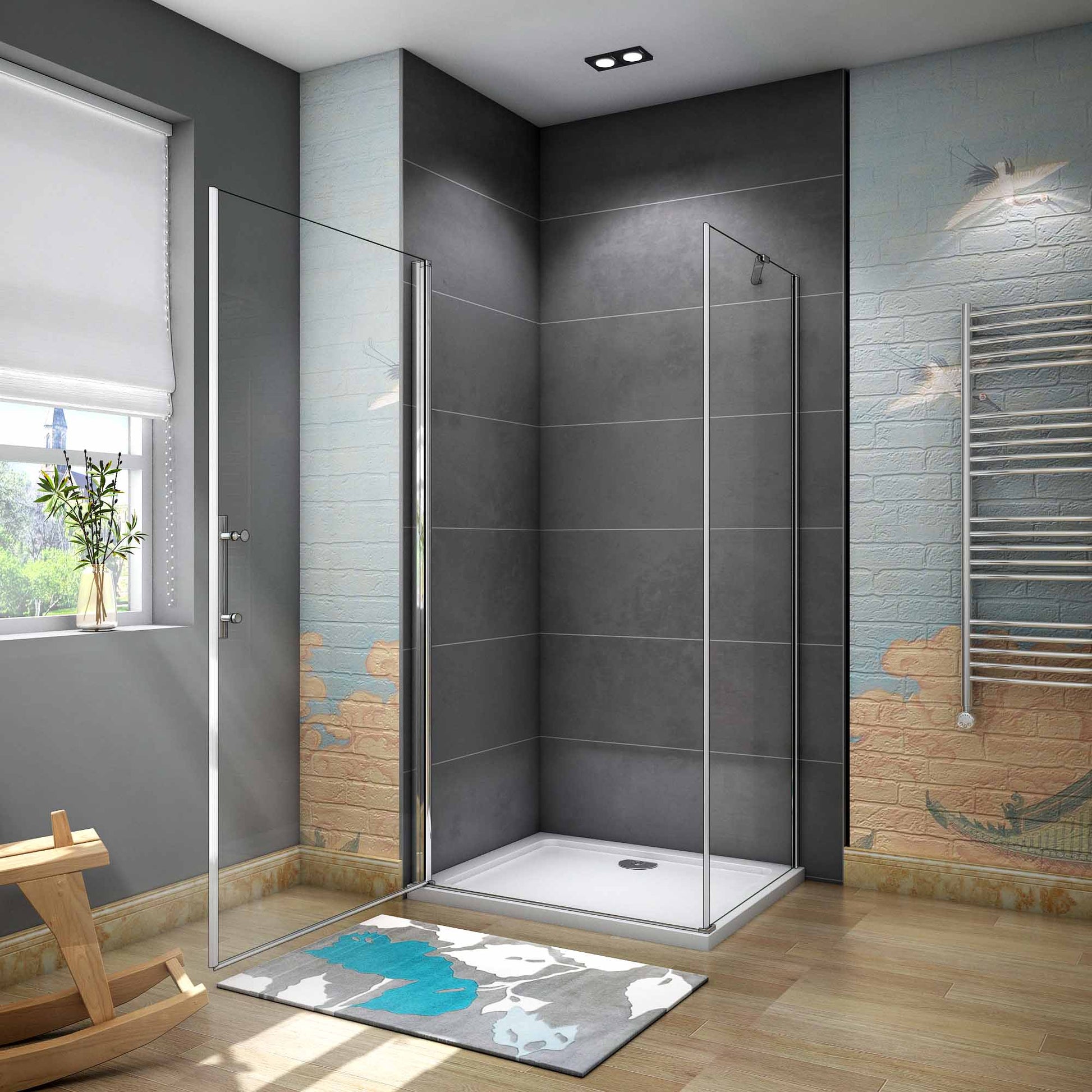 Aica 185 cm Box Doccia Angolare Porta Battente Più Parete Laterale Fissa Vetro 6 mm Temperato Anticalcare Telaio e Barra Stabilizzatrice