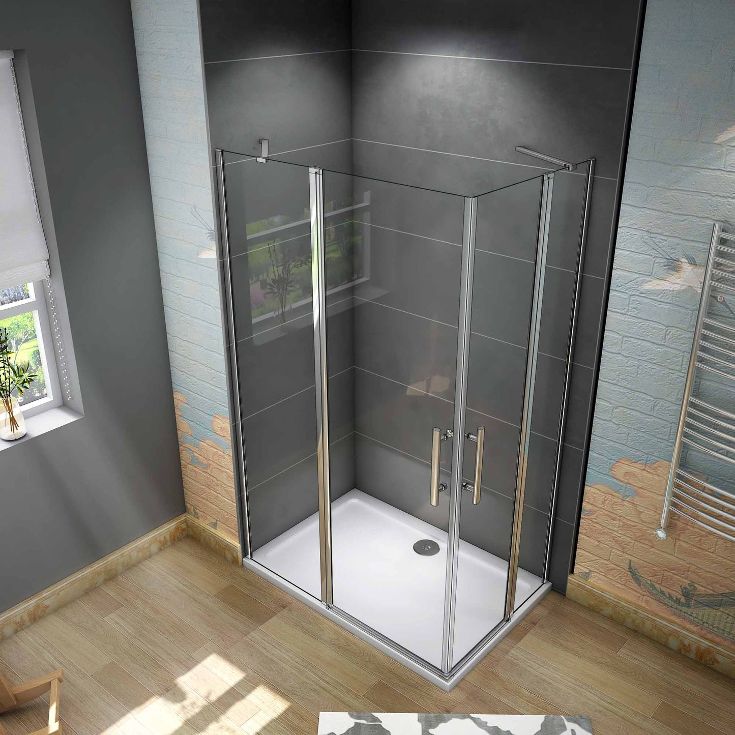 Aica 195 cm Box Doccia Angolare Doppie Porte Apertura Battente Vetro Temperato 6 mm Trasparente Anticalcare Con Barre Stabilizzatrici