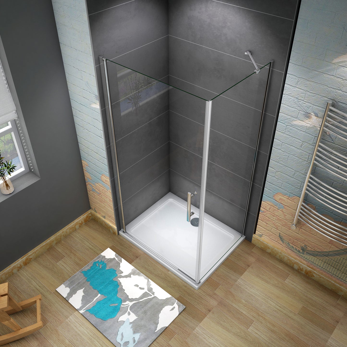 Aica 195 cm Box Doccia Angolare Porta Battente e Parete Fissa Vetro 6 mm Temperato Anticalcare Barra Stabilizzatrice