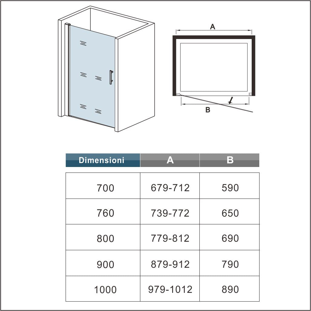 Aica 187cm Box Doccia Per Nicchia Porta Battente Vetro 6 mm Temperato Trasparente Anticalcare Telaio Cromo Lucido
