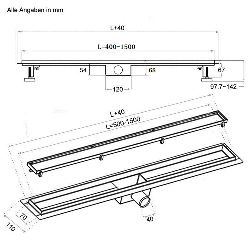 AICA Canaletta scarico canalina doccia in Acciaio Inossidabile typo Wave per Bagno 50 60 70 80 90 cm