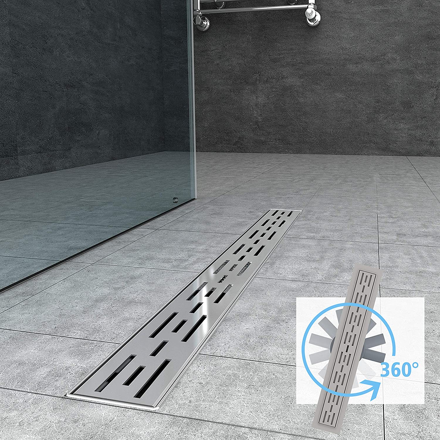 360 Ruota 2 IN 1 CANALINA CANALETTA DOCCIA LINEA SCARICO PAVIMENTO GRIGLIA TYPO FESSURA IFONE 60 70 80 90