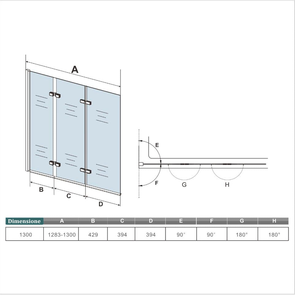 Aica 130x140 cm Sopravasca Parete Per Vasca Pieghevole a Libro Vetro 6 mm Temperato Trasparente Anticalcare Da 3 Antine