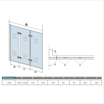 Aica 130x140 cm Sopravasca Parete Per Vasca Pieghevole a Libro Vetro 6 mm Temperato Trasparente Anticalcare Da 3 Antine