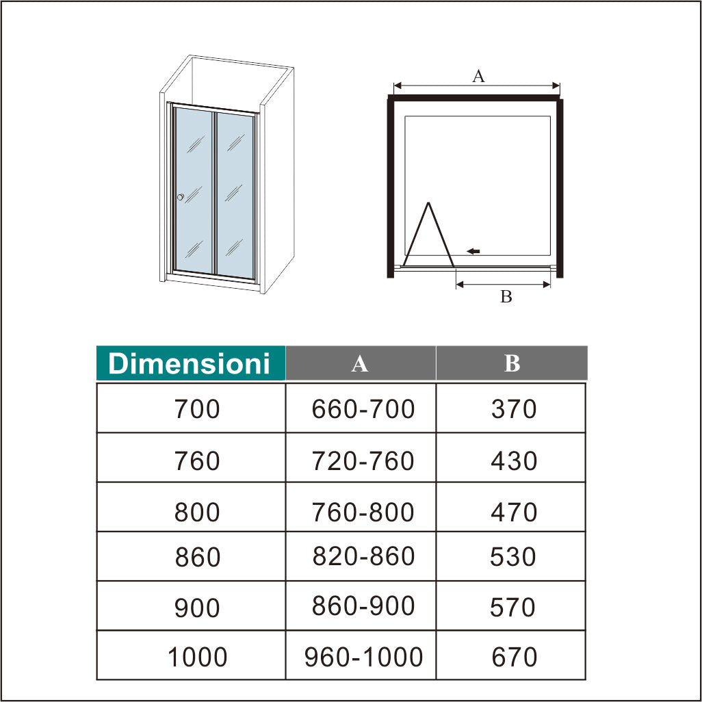Aica Porta Doccia per Nicchia Porta Scorrevole a libro Vetro Temperato 6 mm Trasparente Profili Cromati Lucidi 185 cm