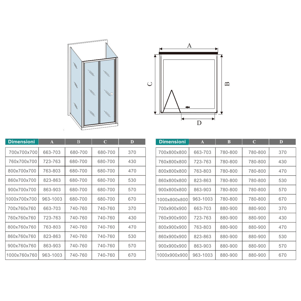 Aica 185cm Box Doccia a Tre Lati Porta a Soffietto con Doppia Parete Fissa in Vetro Temperato Trasparente 5mm Profilo Cromo Lucido