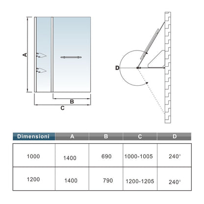 Aica 120x140 cm Sopravasca Parete Per Vasca Girevole 240° Vetro Temperato 6 mm Trasparente Due Ripiani/Mensole Maniglia Portasciugamani