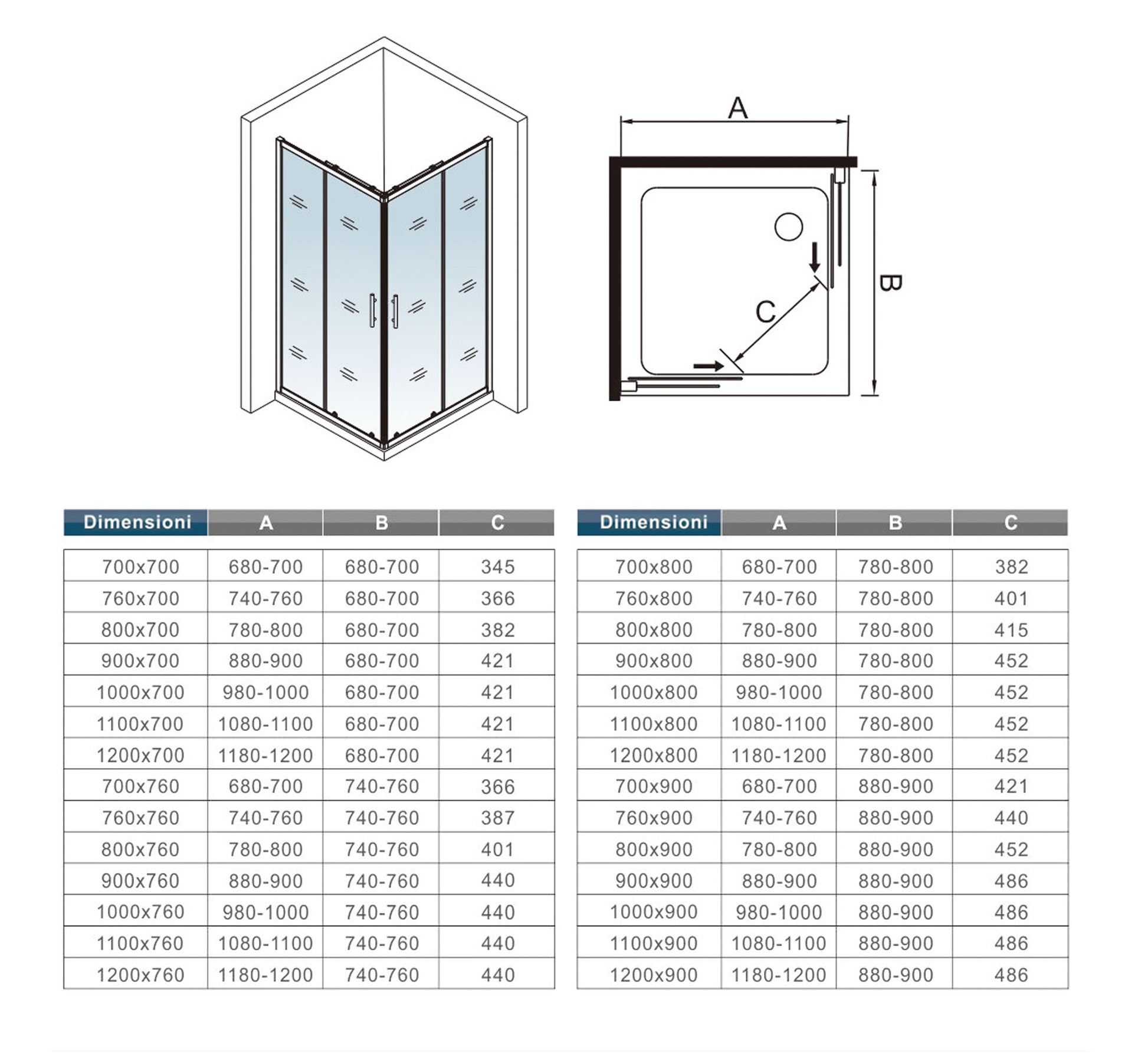 Aica 185 cm Box Doccia Angolare Porte Scorrevoli Vetro Temperato 5 mm Trasparente Telaio in alluminio di Elettroforesi Opaco
