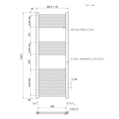 Termoarredo Bagno Scaldasalviette Acciaio Radiatore Calorifero Termosifone Grigio Antracite Opaco 1200MM 450MM