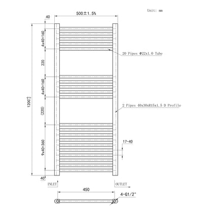 Termoarredo Bagno Scaldasalviette Acciaio Radiatore Calorifero Termosifone Grigio Antracite Opaco 1200MM 500MM