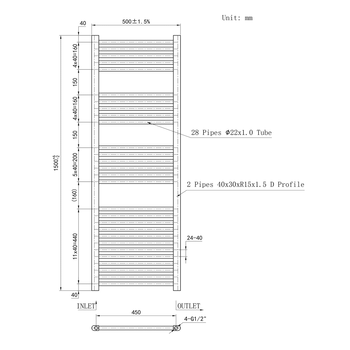 Termoarredo Bagno Scaldasalviette Acciaio Radiatore Calorifero Termosifone Grigio Antracite Opaco 1500MM 500MM
