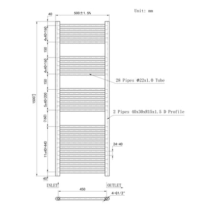 Termoarredo Bagno Scaldasalviette Acciaio Radiatore Calorifero Termosifone Grigio Antracite Opaco 1500MM 500MM