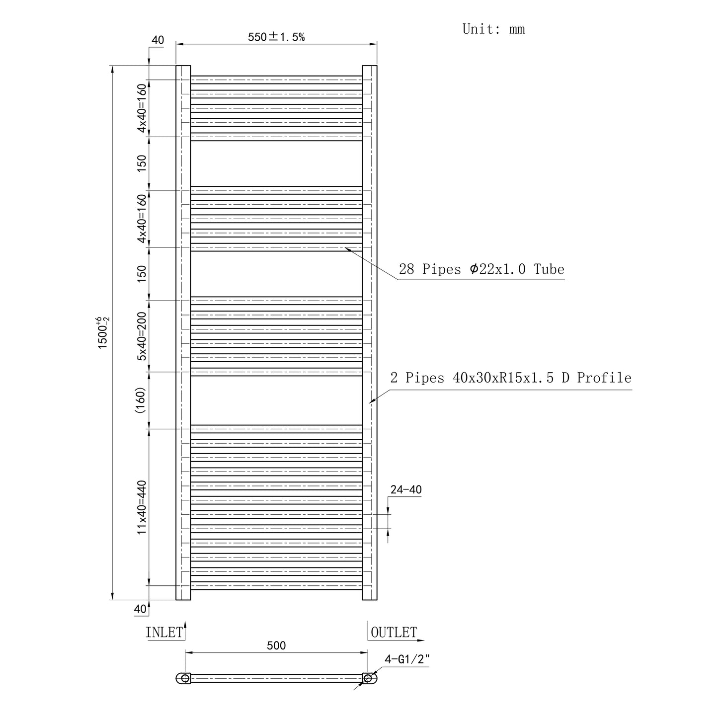 Termoarredo Bagno Scaldasalviette Acciaio Radiatore Calorifero Termosifone Bianco Lucido 1500MM 550MM