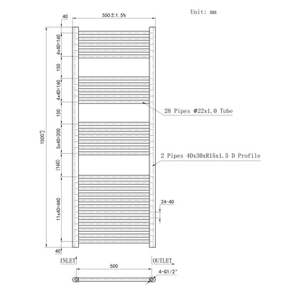 Termoarredo Bagno Scaldasalviette Acciaio Radiatore Calorifero Termosifone Grigio Antracite Opaco 1500MM 550MM