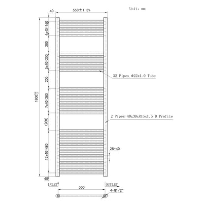 Termoarredo Bagno Scaldasalviette Acciaio Radiatore Calorifero Termosifone Grigio Antracite Opaco 1800MM 550MM
