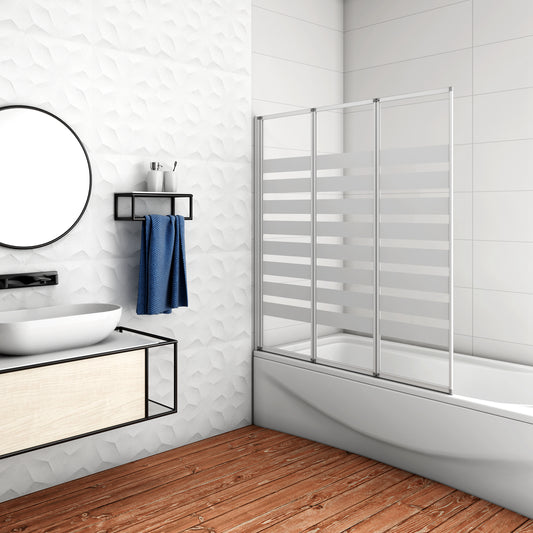 Aica 140 cm Sopravasca Parete Vasca Tre Ante Pieghevoli a Libro Verso Irreversibile Vetro 4 mm Temperato Fasce Bianche Opache Telaio Argento Opaco 130x140 Verso Sinistro