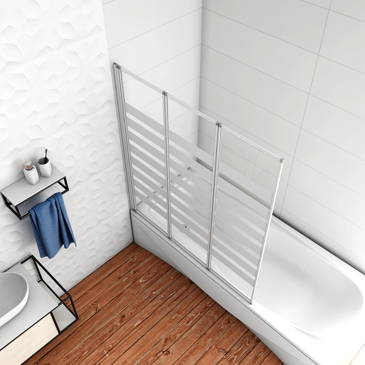 Aica 140 cm Sopravasca Parete Vasca Tre Ante Pieghevoli a Libro Verso Irreversibile Vetro 4 mm Temperato Fasce Bianche Opache Telaio Argento Opaco