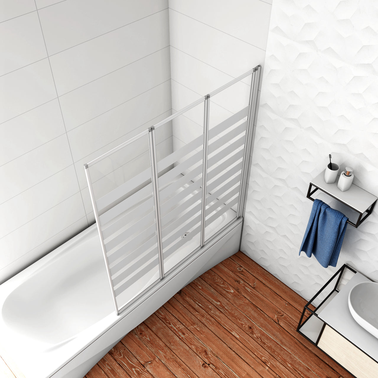 Aica 140 cm Sopravasca Parete Vasca Tre Ante Pieghevoli a Libro Verso Irreversibile Vetro 4 mm Temperato Fasce Bianche Opache Telaio Argento Opaco