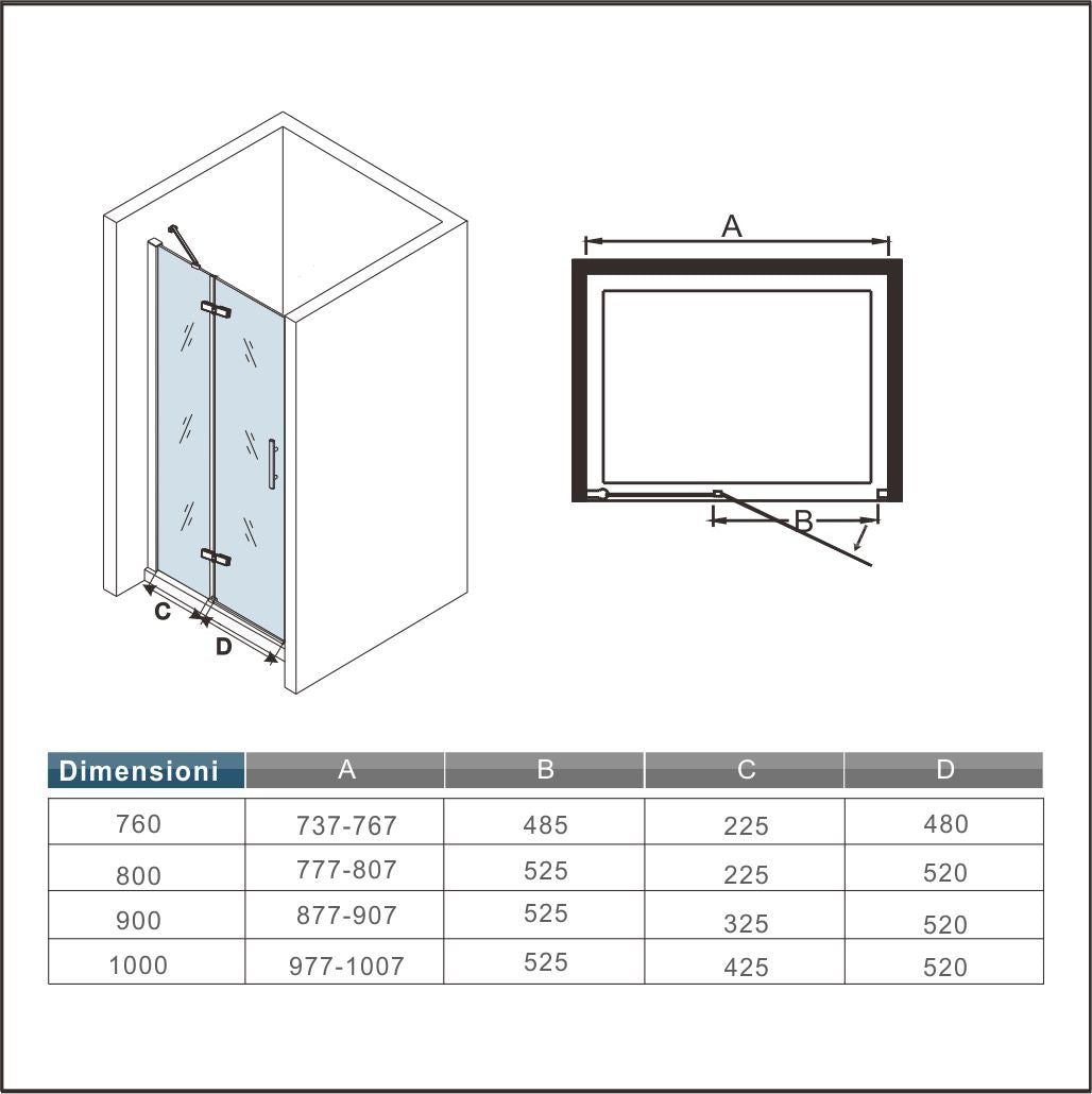 Aica 195cm Porta Doccia per Nicchia Apertura Battente Con Barra Stabilizzatrice Vetro 6mm Temperato Trasparente Anticalcare