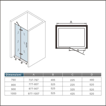 Aica 195cm Porta Doccia per Nicchia Apertura Battente Con Barra Stabilizzatrice Vetro 6mm Temperato Trasparente Anticalcare