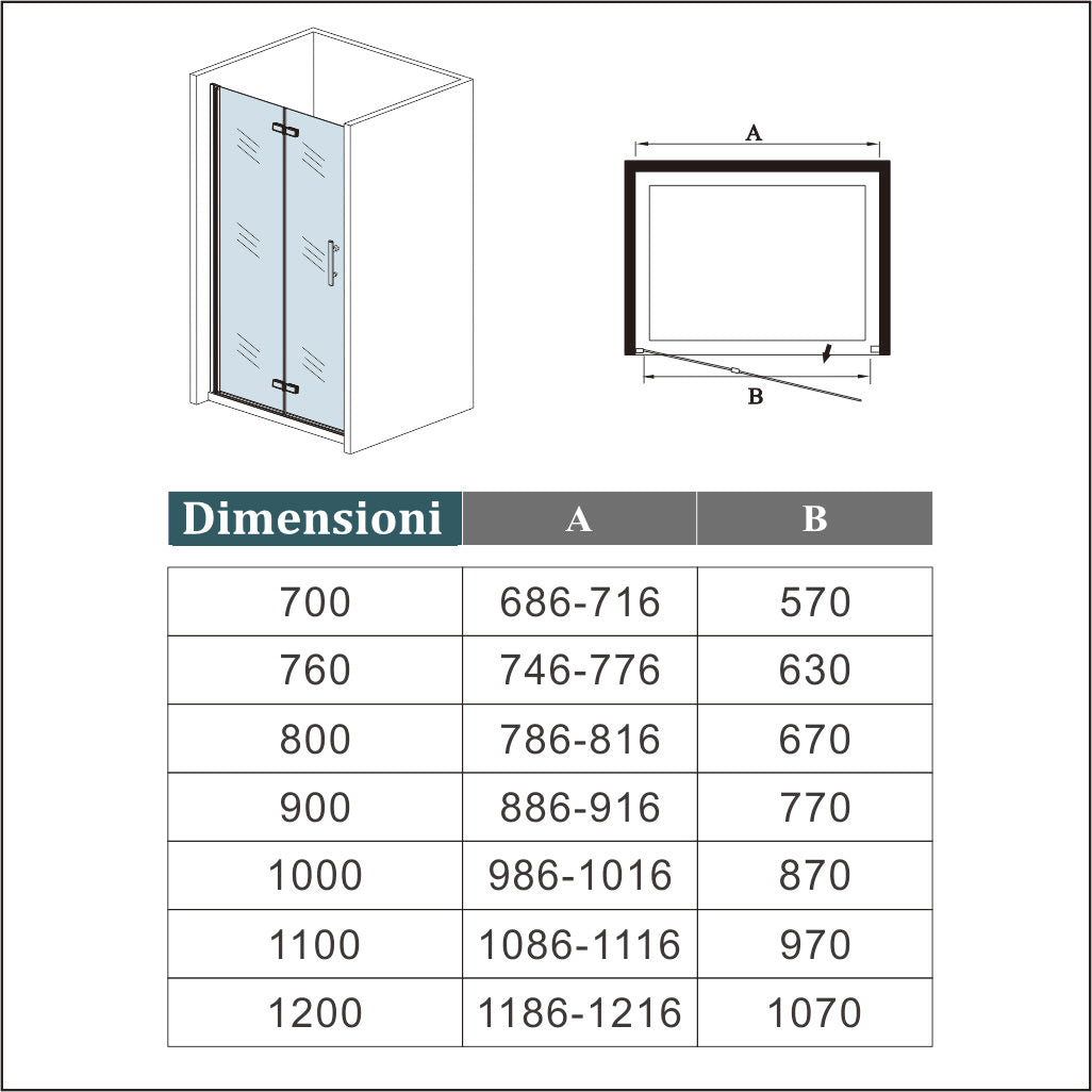 Aica 185 cm Porta Doccia Per Nicchia Battente e Pieghevole a Libro In Vetro Temperato Trasparente Anticalcare Da 6 mm