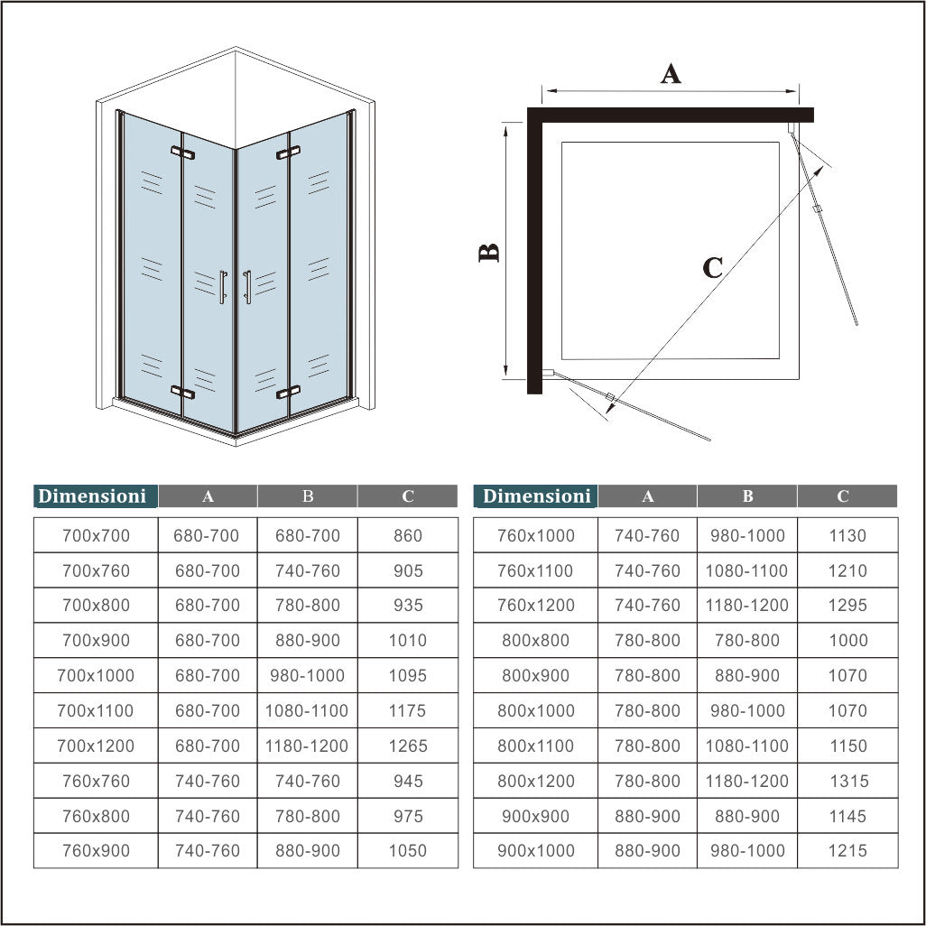 Aica 195 cm Box Doccia Angolare Due Porte Battente e Pieghevoli a Libro Vetro 6 mm Temperato Trasparente Anticalcare Telaio Cromato Lucido