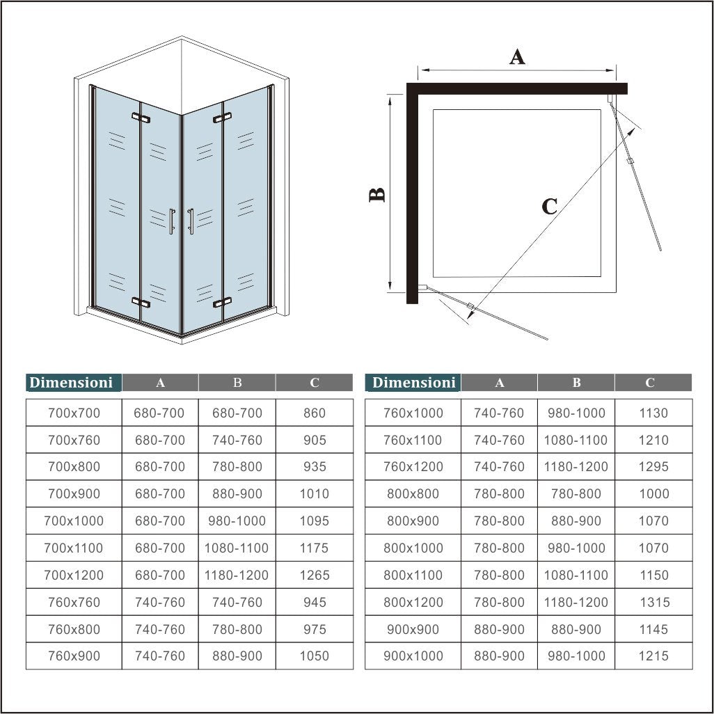 190cm Box Doccia Angolare Doppia Porta Battente Pieghevole in Vetro Temperato Trasparente 5mm Anticalcare Telaio Nero Opaco