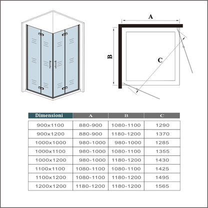 Aica 195 cm Box Doccia Angolare Due Porte Battente e Pieghevoli a Libro Vetro 6 mm Temperato Trasparente Anticalcare Telaio Cromato Lucido