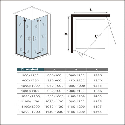 190cm Box Doccia Angolare Doppia Porta Battente Pieghevole in Vetro Temperato Trasparente 5mm Anticalcare Telaio Nero Opaco