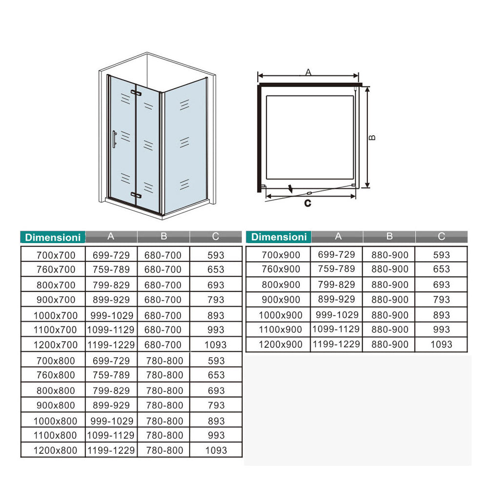 195cm Box Doccia Angolare Porta Battente Pieghevole Parete Fissa Vetro da 6mm Temperato Anticalcare Barra Stabilizzatrice 45cm Cromo Lucido