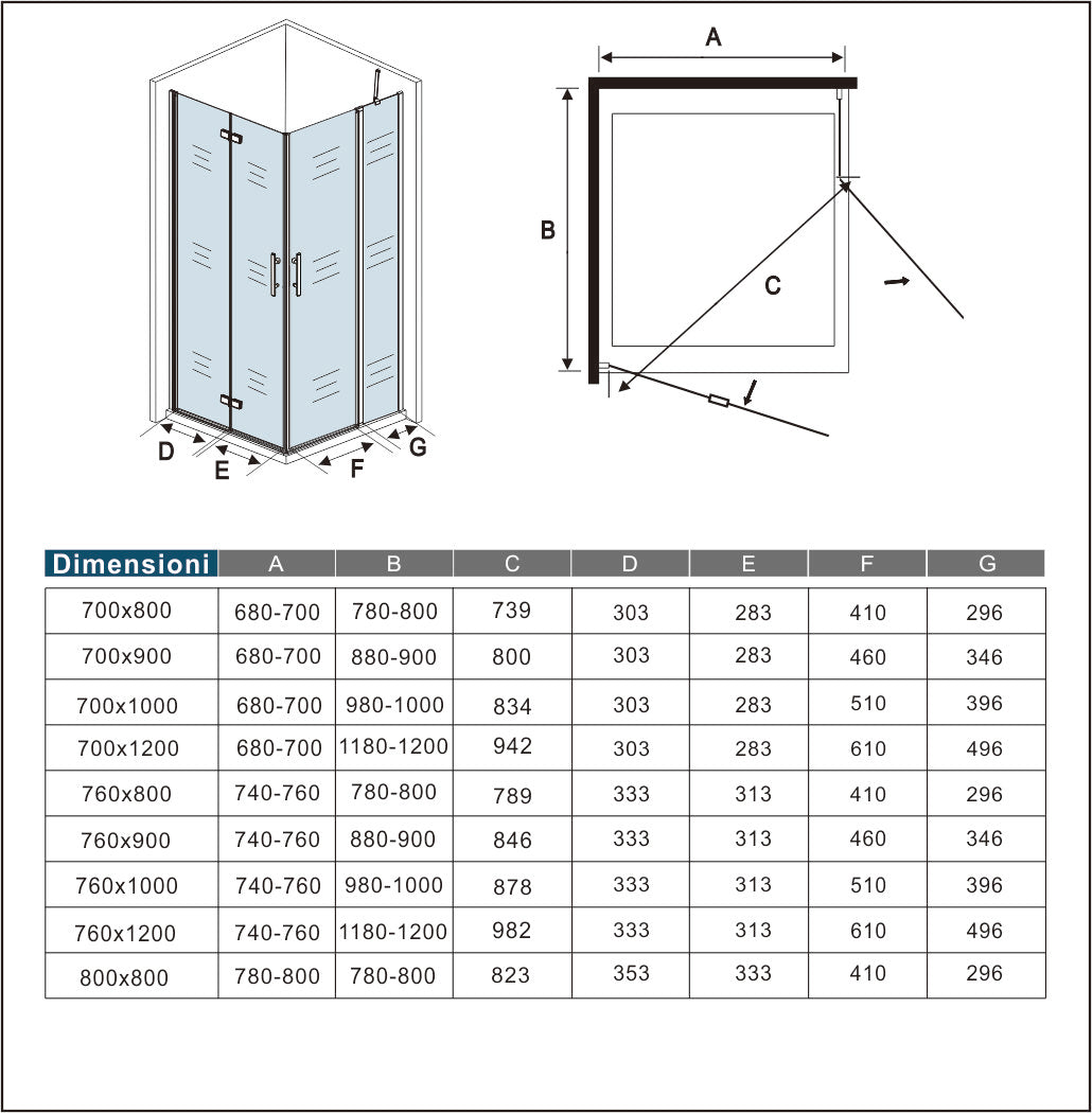 Aica 195 cm Box Doccia Angolare Porta Pieghevole + Porta Battente Vetro 6mm Anticalcare Trasparente Barra Stabilizzatrice Cromo Lucido
