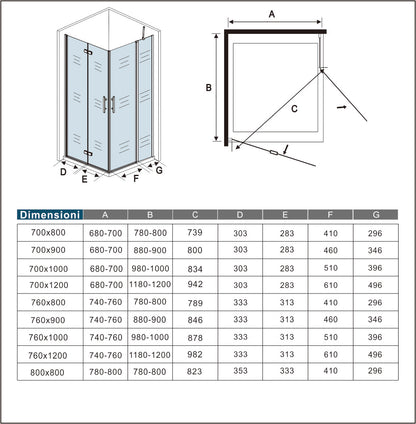 Aica 195 cm Box Doccia Angolare Porta Pieghevole Porta Battente Vetro 6mm Anticalcare Trasparente Barra Stabilizzatrice Cromo Lucido