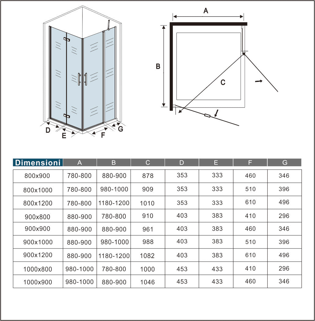 Aica 195 cm Box Doccia Angolare Porta Pieghevole + Porta Battente Vetro 6mm Anticalcare Trasparente Barra Stabilizzatrice Cromo Lucido