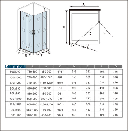 Aica 195 cm Box Doccia Angolare Porta Pieghevole Porta Battente Vetro 6mm Anticalcare Trasparente Barra Stabilizzatrice Cromo Lucido