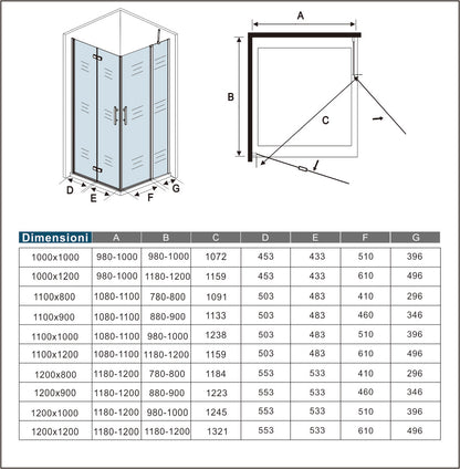 Aica 195 cm Box Doccia Angolare Porta Pieghevole Porta Battente Vetro 6mm Anticalcare Trasparente Barra Stabilizzatrice Cromo Lucido