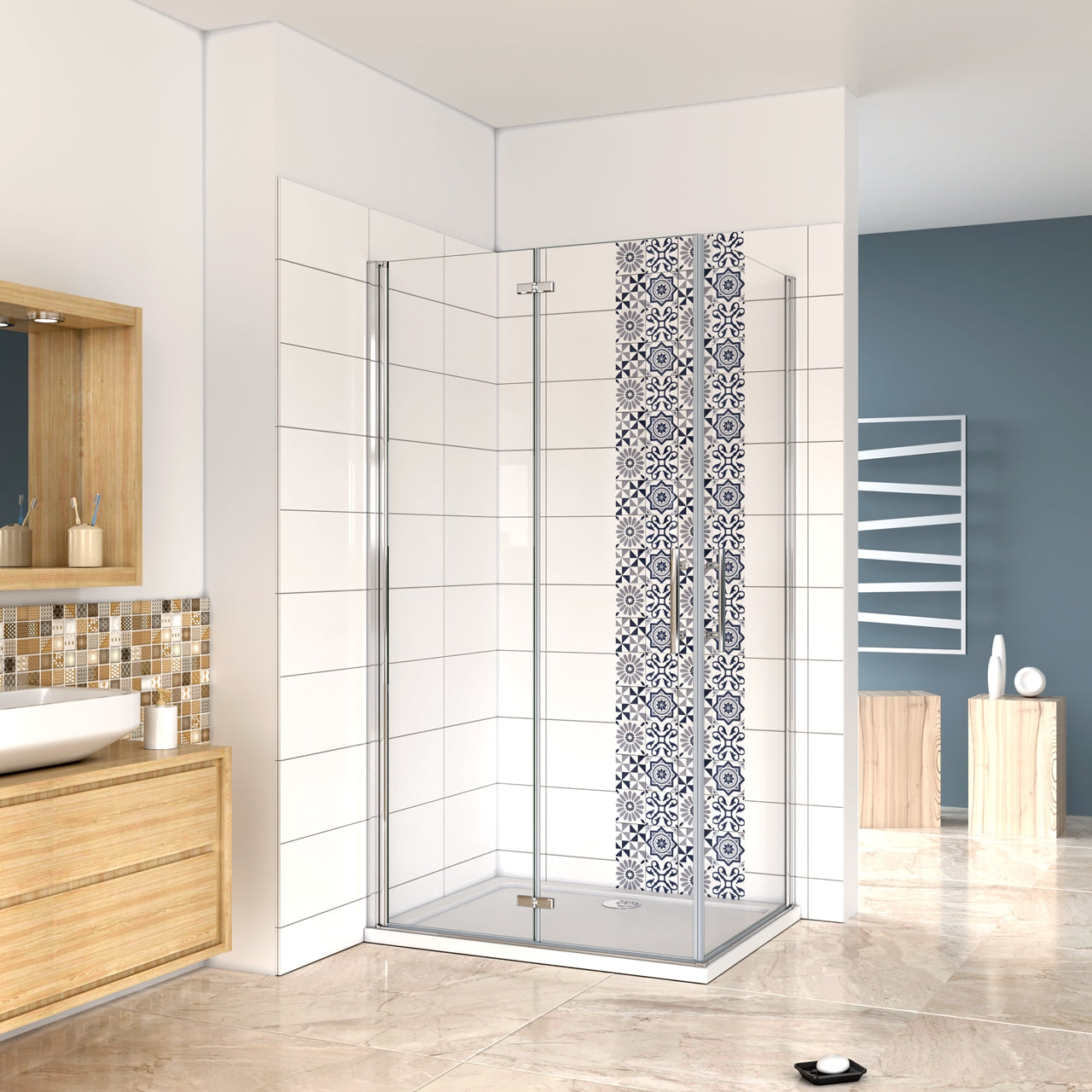 Aica 185/195 cm Box Doccia Angolare Porta Pieghevole più Porta Battente in Vetro 6mm Temperato Anticalcare Trasparente Telaio Cromo Lucido