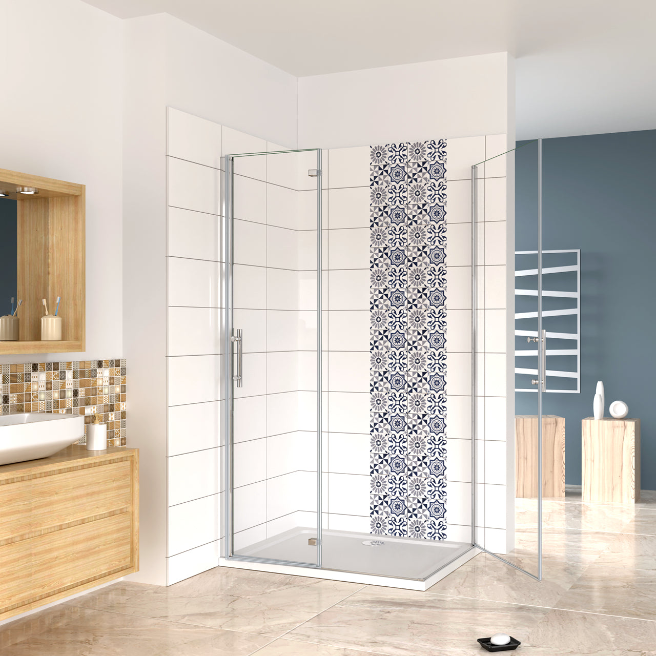 Aica 185/195 cm Box Doccia Angolare Porta Pieghevole più Porta Battente in Vetro 6mm Temperato Anticalcare Trasparente Telaio Cromo Lucido