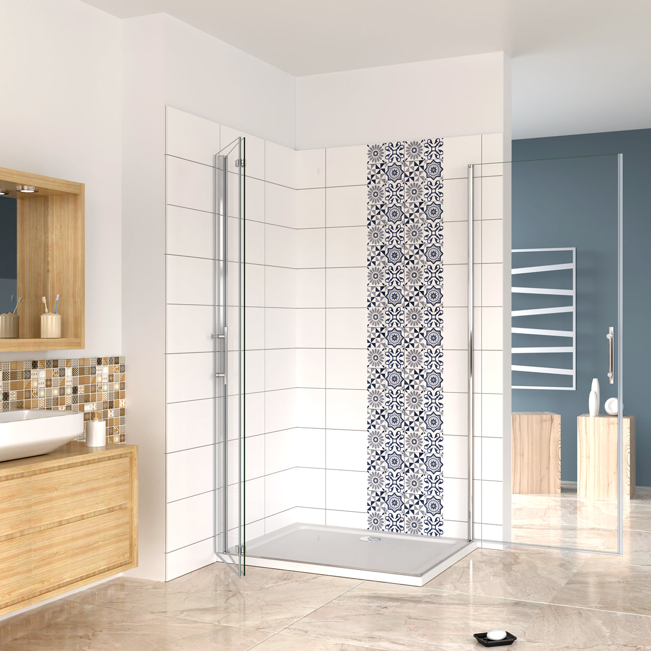 Aica 185/195 cm Box Doccia Angolare Porta Pieghevole più Porta Battente in Vetro 6mm Temperato Anticalcare Trasparente Telaio Cromo Lucido