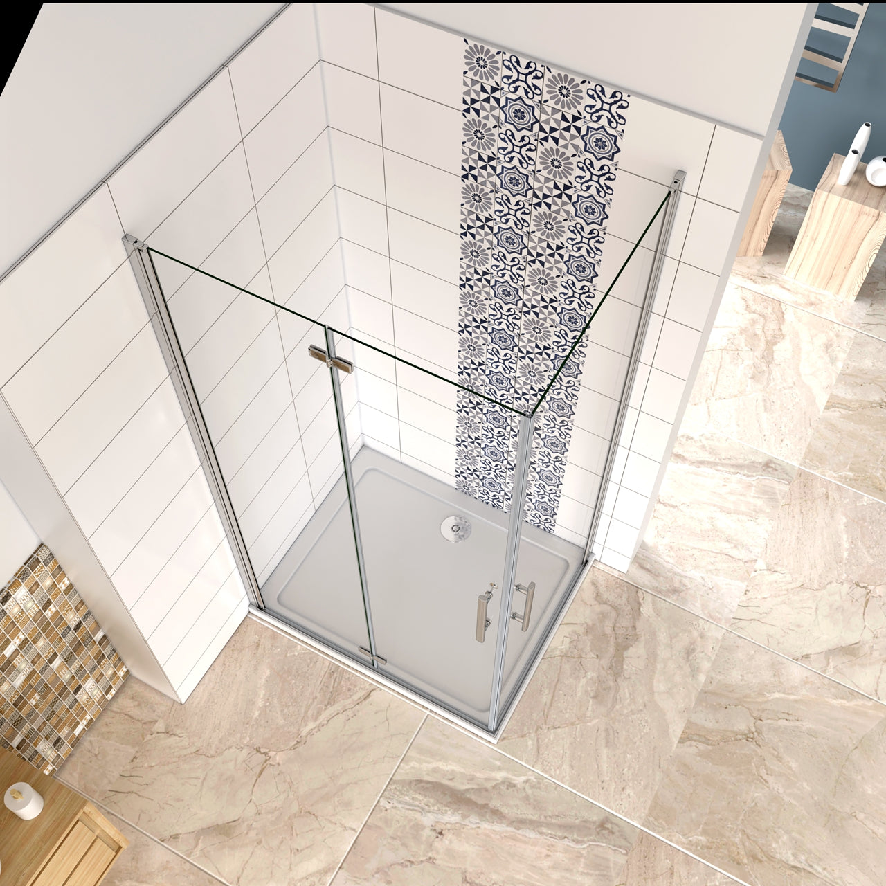 Aica 185/195 cm Box Doccia Angolare Porta Pieghevole più Porta Battente in Vetro 6mm Temperato Anticalcare Trasparente Telaio Cromo Lucido