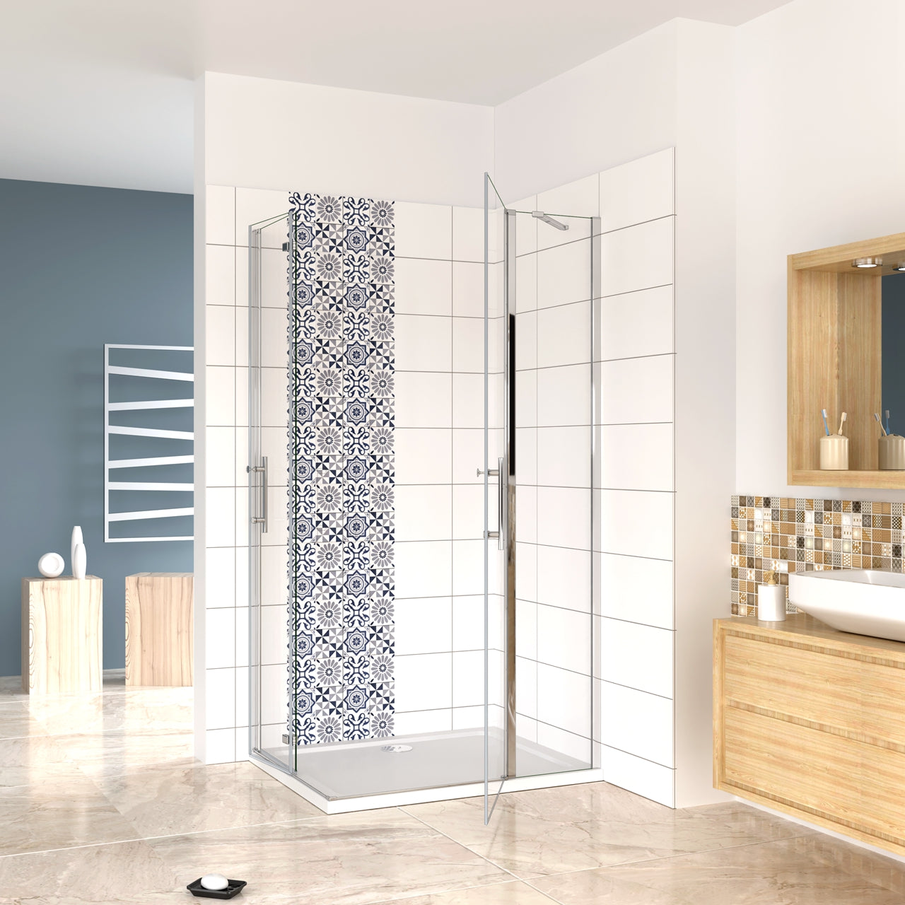 Aica 195 cm Box Doccia Angolare Porta Pieghevole + Porta Battente Vetro 6mm Anticalcare Trasparente Barra Stabilizzatrice Cromo Lucido