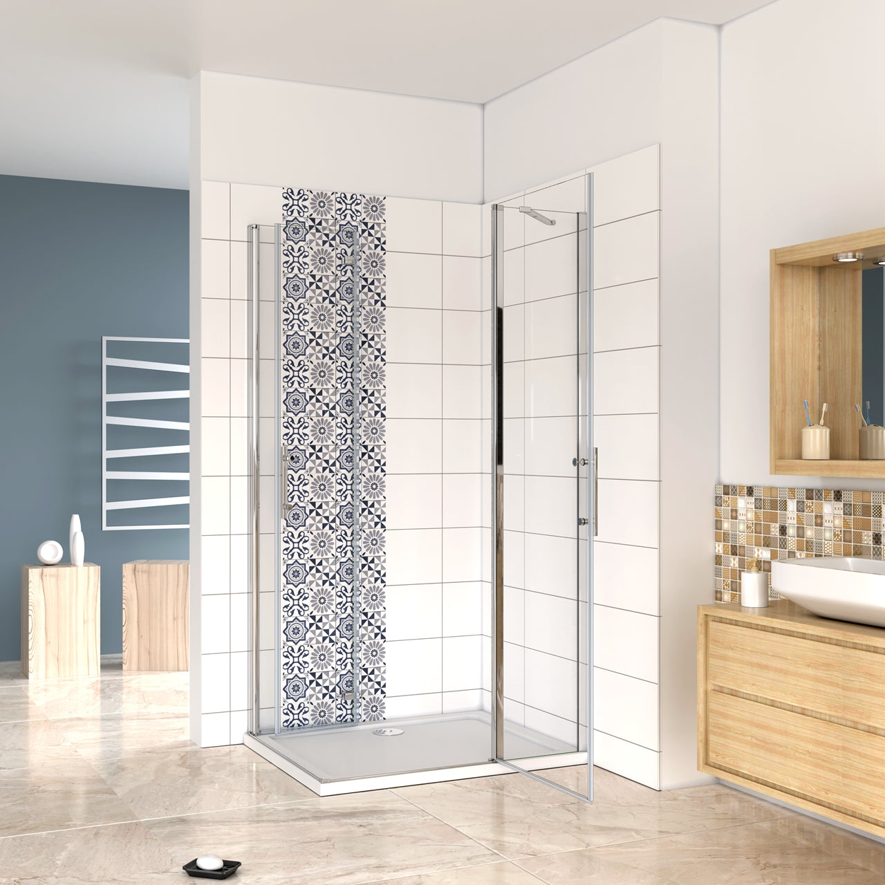 Aica 195 cm Box Doccia Angolare Porta Pieghevole + Porta Battente Vetro 6mm Anticalcare Trasparente Barra Stabilizzatrice Cromo Lucido