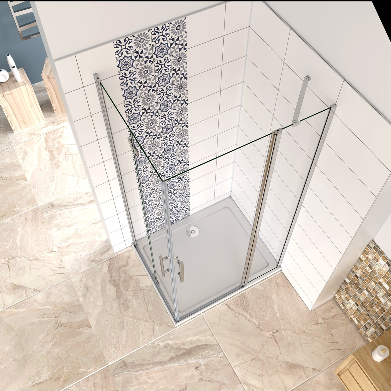 Aica 195 cm Box Doccia Angolare Porta Pieghevole + Porta Battente Vetro 6mm Anticalcare Trasparente Barra Stabilizzatrice Cromo Lucido