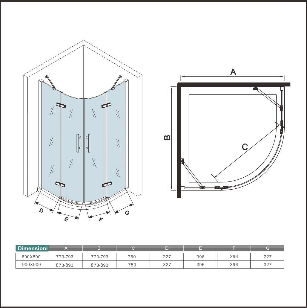 Aica 195 cm Box Doccia Semicircolare Vetro 6 mm Temperato Satinato/Opaco Anticalcare Con Barra Stabilizzatrice varie dimensioni
