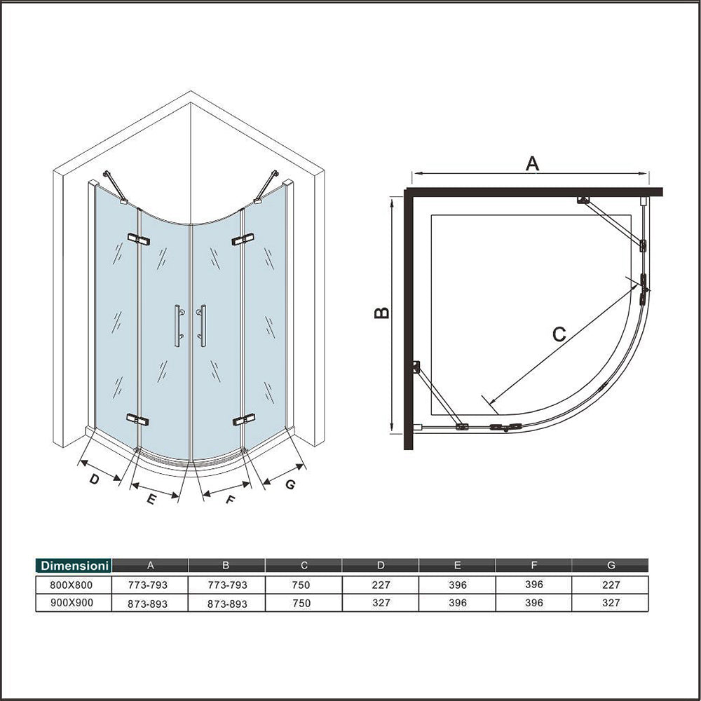 195cm Box Doccia Semicircolare Apertura Battente Vetro 6mm Temperato Satinato Anticalcare con 2 Barre Stabilizzatrici Telai in Nero Opaco