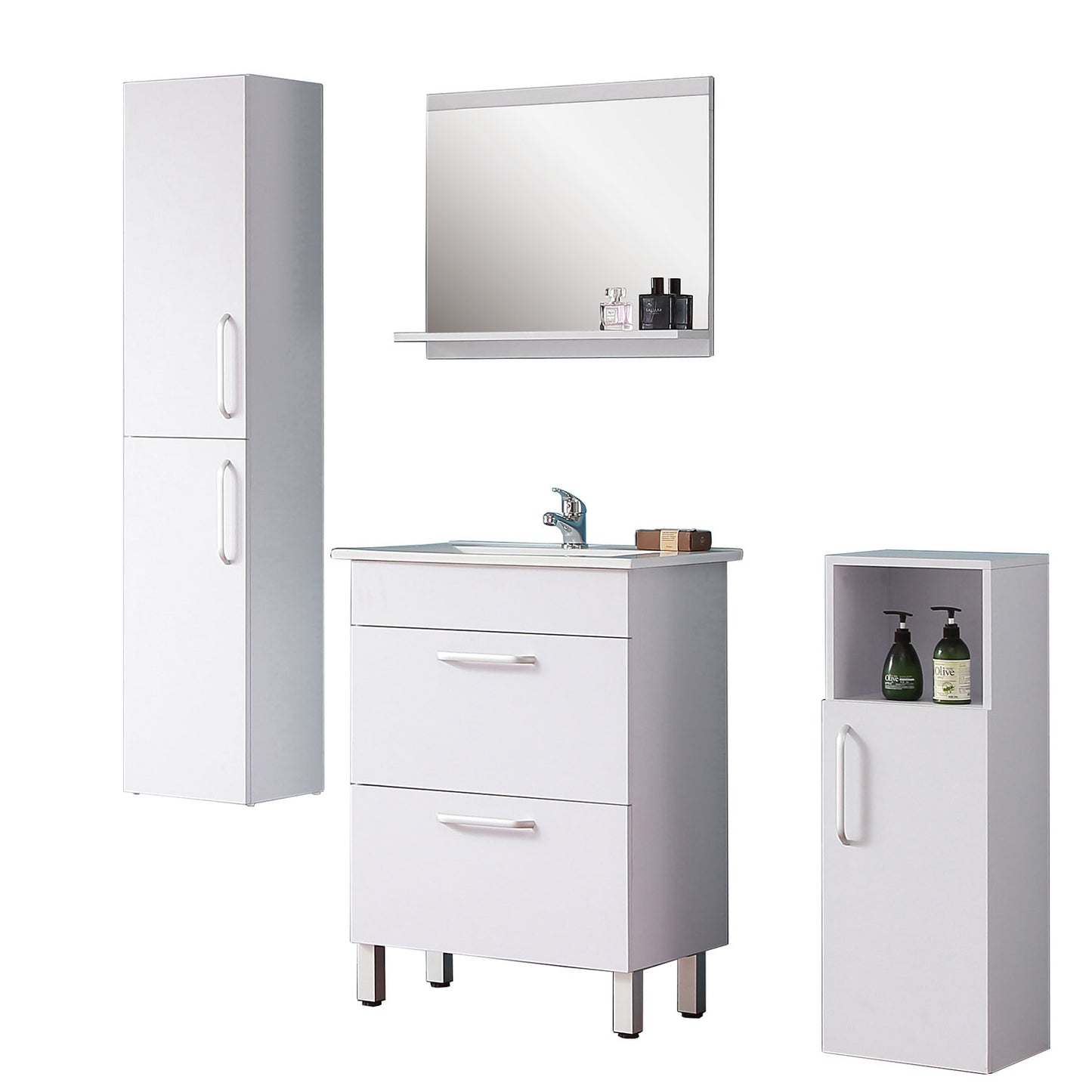 Mobile bagno Aica 60cm salva spazio, con lavabo in ceramica e 2 cassetti, con piedini in metallo