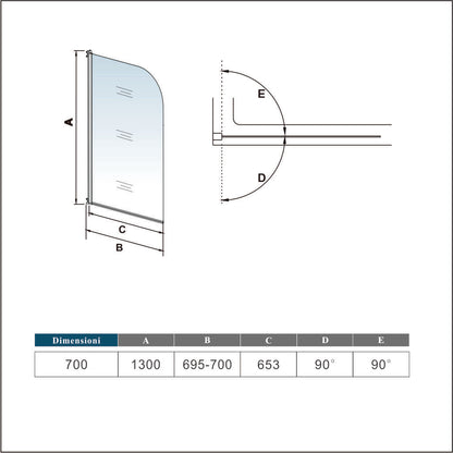 Aica Sopravasca Parete Per Vasca Girevole 180 Gradi in Vetro Temperato 5mm Trasparente Telaio Cromo Lucido 70x130 cm