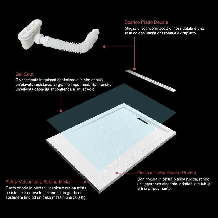 Aica Piatto Doccia Rettangolare In Pietra Vulcanica e Resina Mista Finitura Pietra Bianca Ruvida Ultraslim 3 cm Antiscivolo Antibatterico