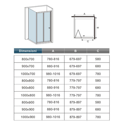 Aica 185 cm Box Docica Angolare Porta Scorrevole a Soffietto Vetro Temperato Trasparente Telaio Cromo Lucido varie dimensioni